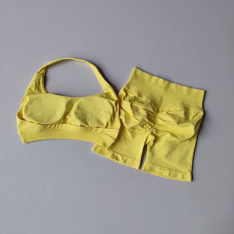 Halter Peach Backless HighWaist Sports Bra Shorts Set Yoga Pilates Activewear 18