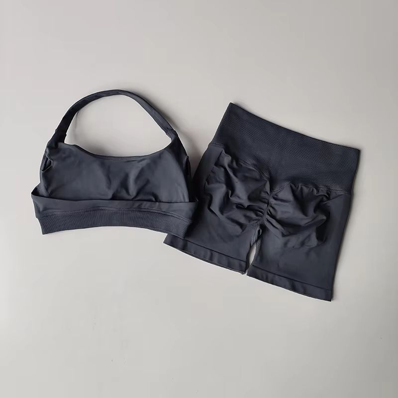 Halter Peach Backless HighWaist Sports Bra Shorts Set Yoga Pilates Activewear 19