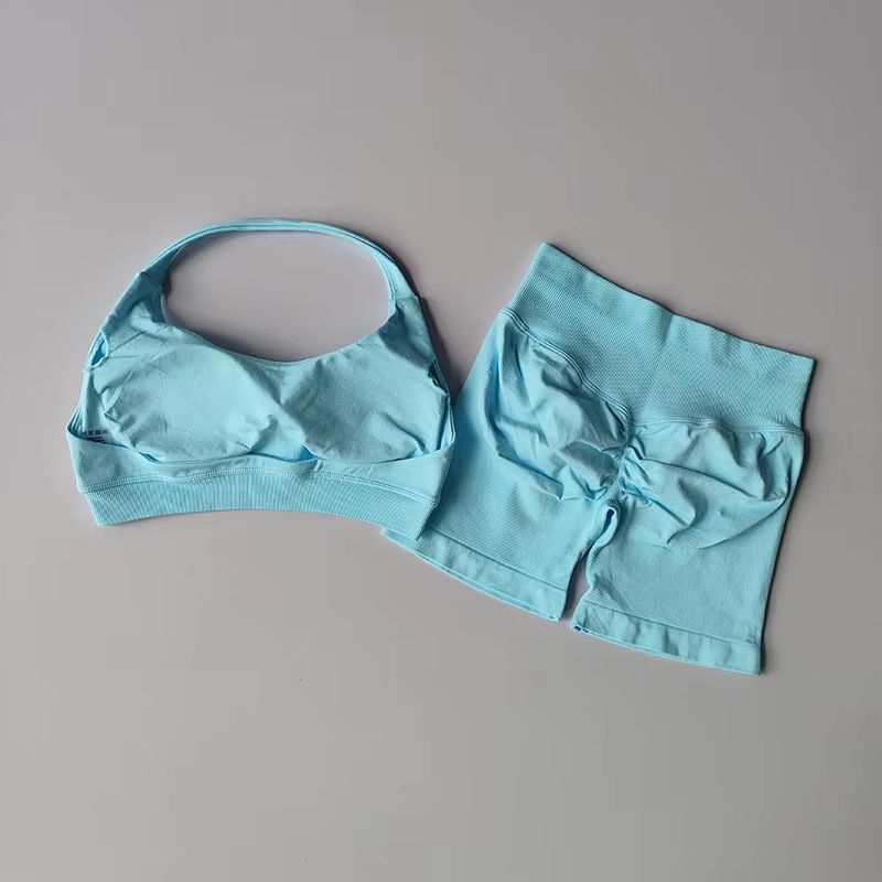 Halter Peach Backless HighWaist Sports Bra Shorts Set Yoga Pilates Activewear 6