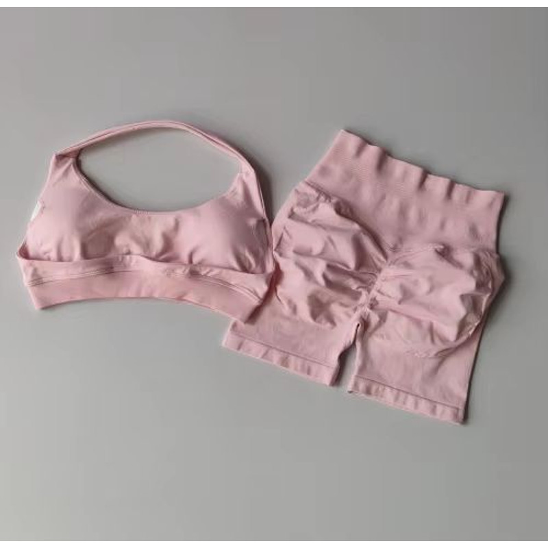 Halter Peach Backless HighWaist Sports Bra Shorts Set Yoga Pilates Activewear 8