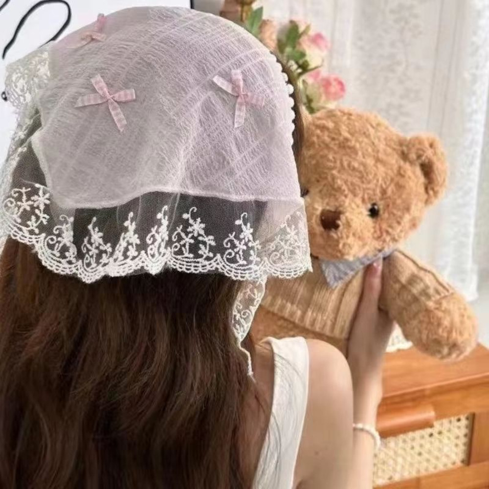 Korean Lace Bow Triangular Scarf Elegant Retro Headscarf Y2K Bandana For Women 0