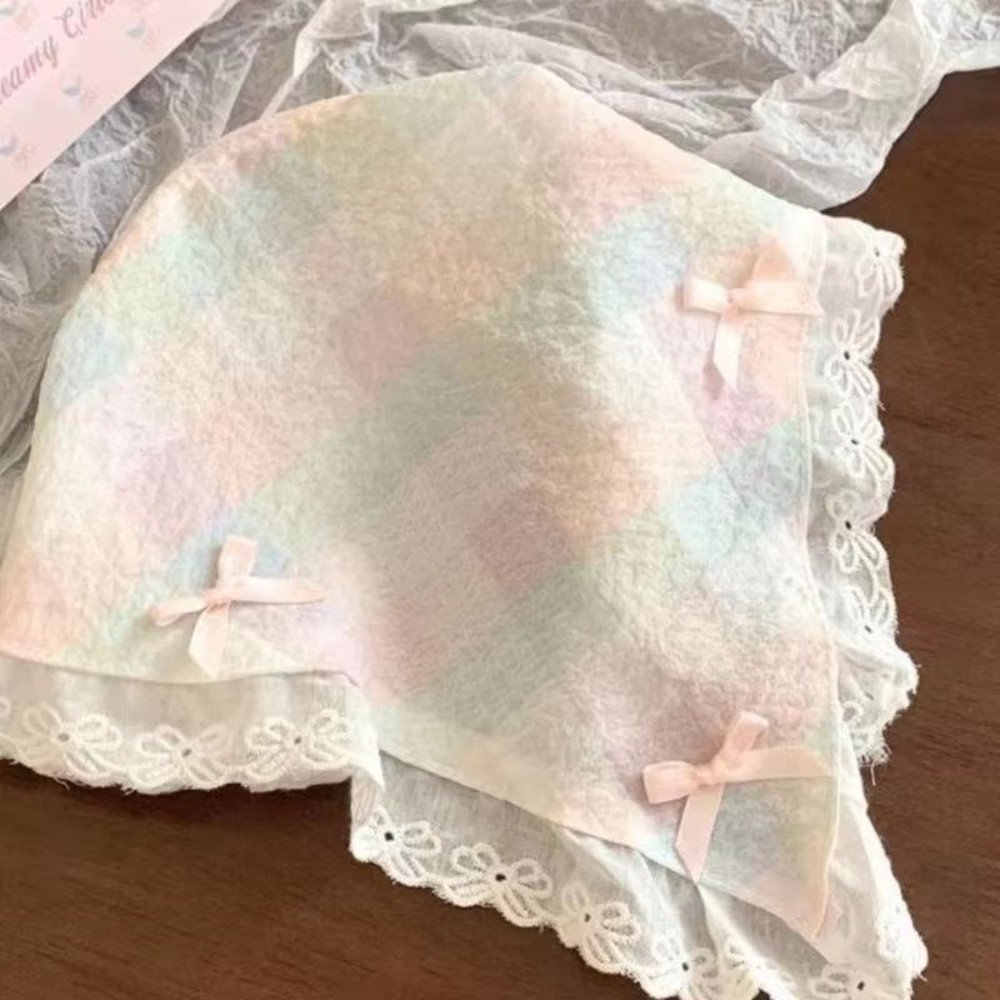 Korean Lace Bow Triangular Scarf Elegant Retro Headscarf Y2K Bandana For Women 4