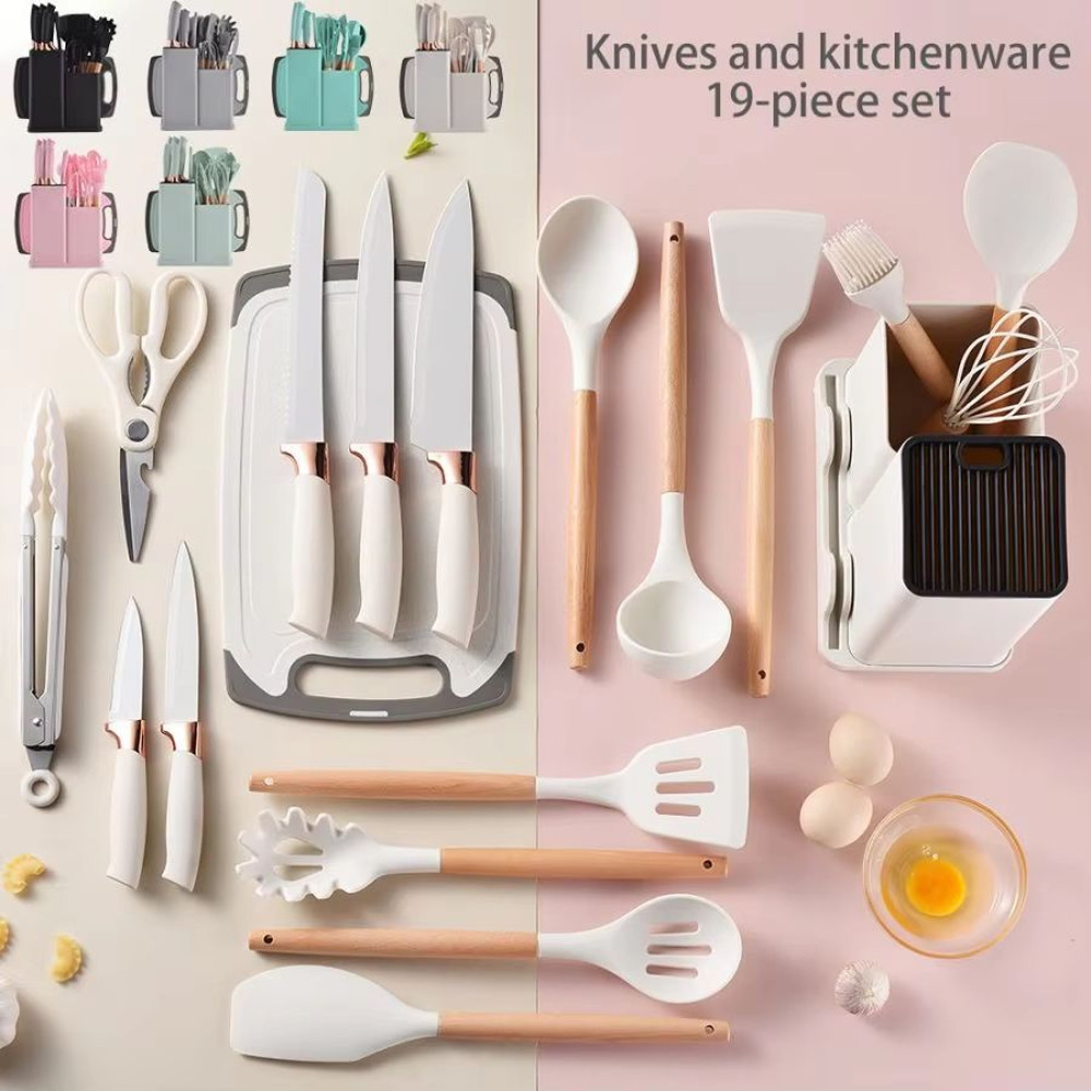19Piece Food Grade Silicone Kitchenware Set Cooking Utensils Cutting Board Knives Combo 5