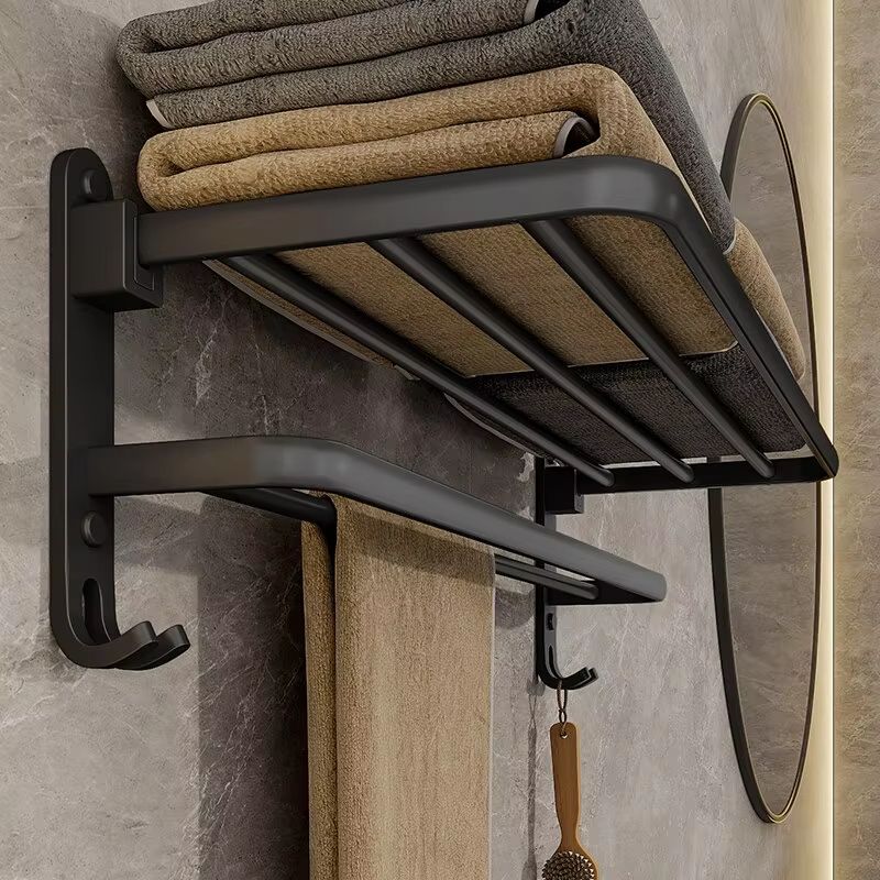 Matte Black Folding Towel Rack 50CM Wall Mount Aluminum Holder With Hook 0