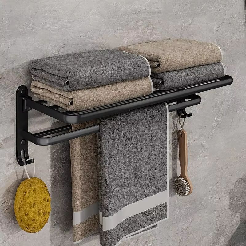 Matte Black Folding Towel Rack 50CM Wall Mount Aluminum Holder With Hook 1