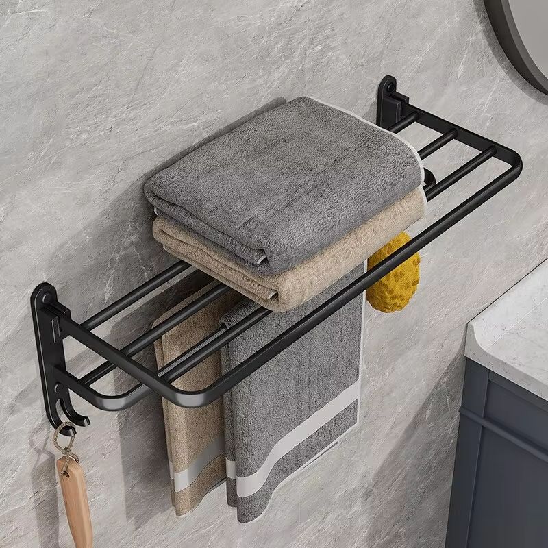 Matte Black Folding Towel Rack 50CM Wall Mount Aluminum Holder With Hook 2