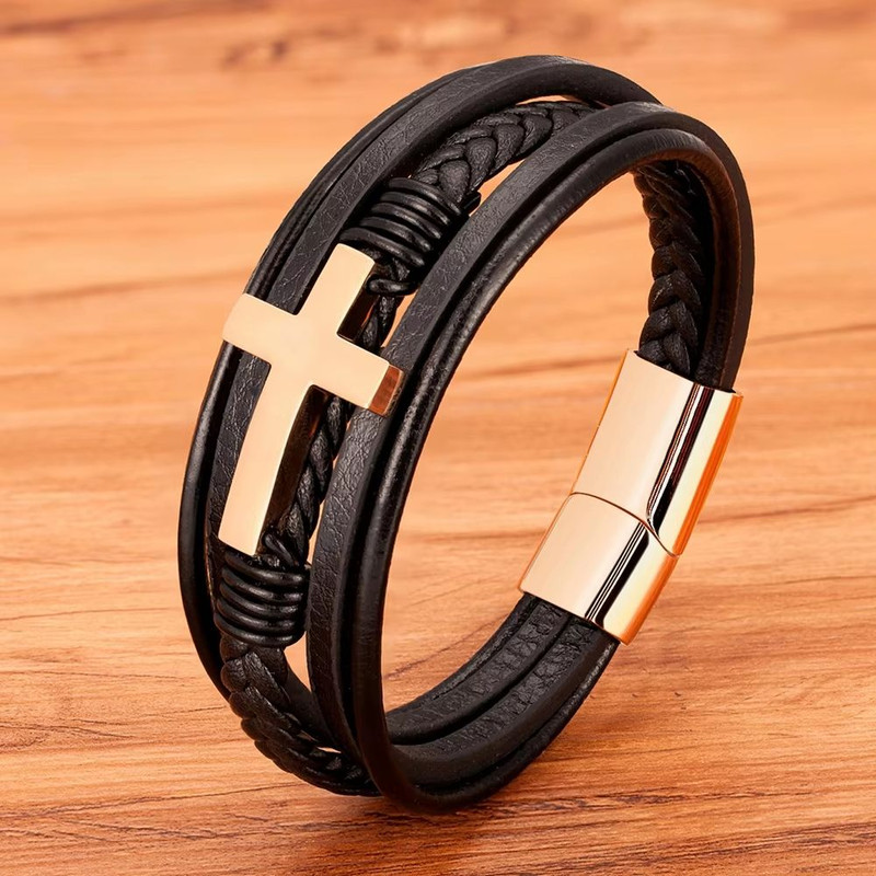 XQNI Luxury Mens Leather Bracelet Multicolor Cross Design Stainless Steel Adjustable Fashion Acces 9