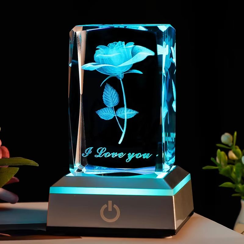 Romantic 3D Rose Crystal Night Light Colorful LED Lamp For Birthday Anniversary Or Valentines Day 0