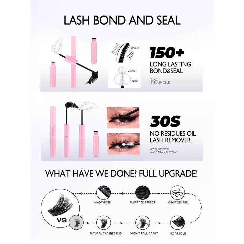 GROINNEYA DIY Eyelash Extension Kit 640Piece Lash Clusters With Bond Seal For SalonQuality Cat Ey 1