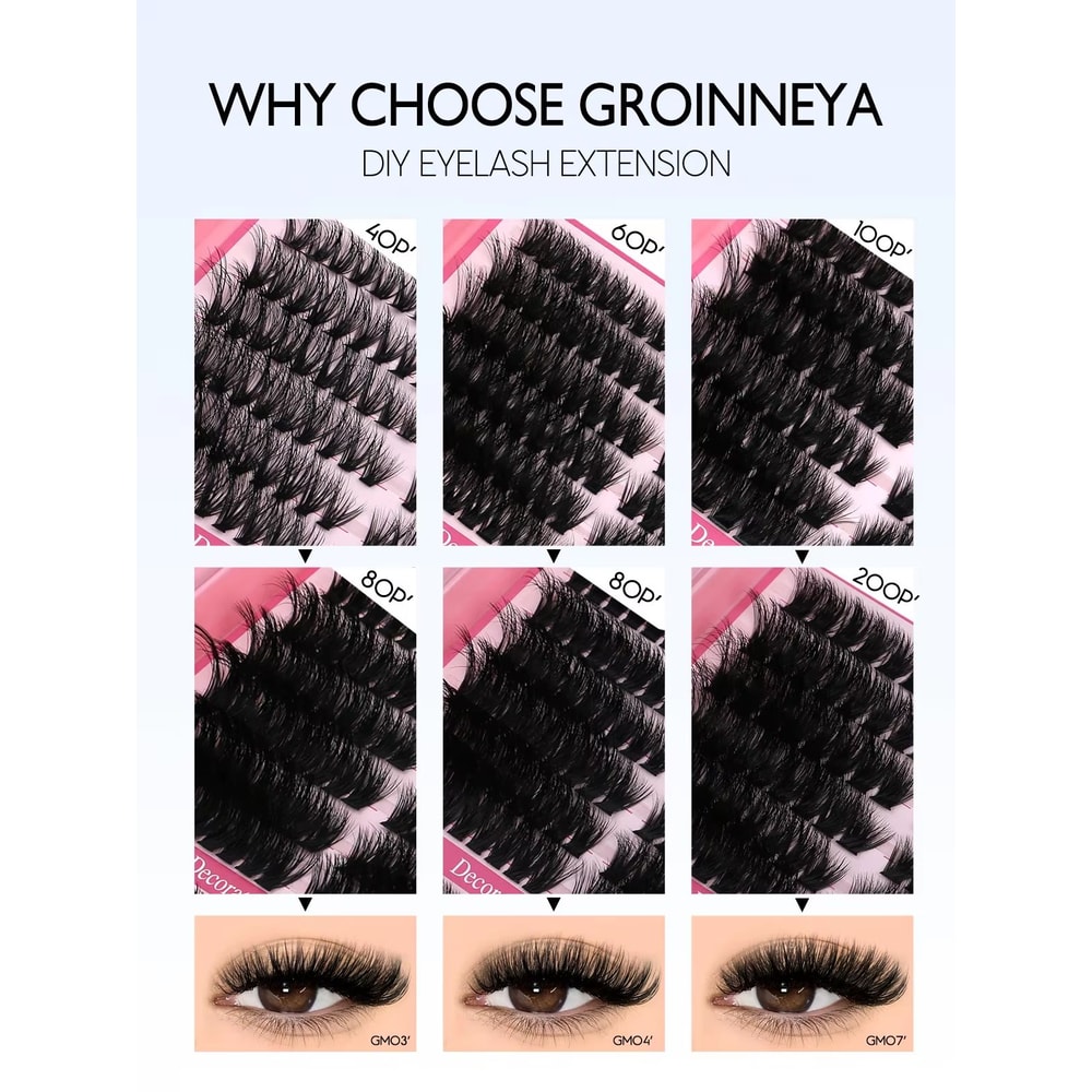 GROINNEYA DIY Eyelash Extension Kit 640Piece Lash Clusters With Bond Seal For SalonQuality Cat Ey 4