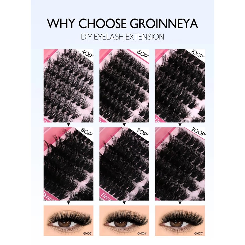 GROINNEYA DIY Eyelash Extension Kit 640Piece Lash Clusters With Bond Seal For SalonQuality Cat Ey 4