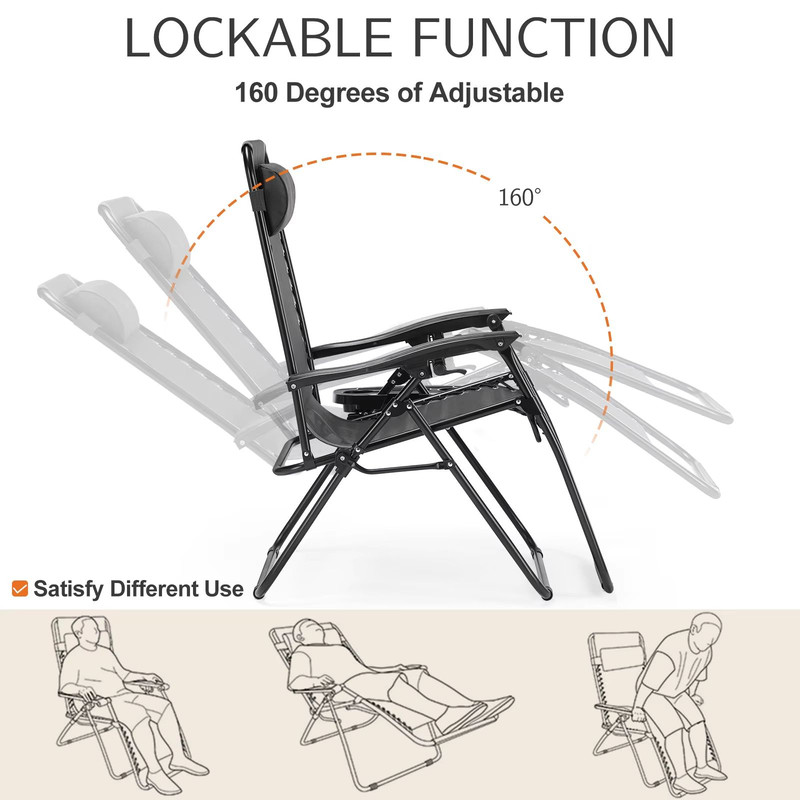 JHK Zero Gravity Chair Set Of 2  Portable Outdoor Recliner Lounge Chairs With Cup Holder Trays  Adj 4