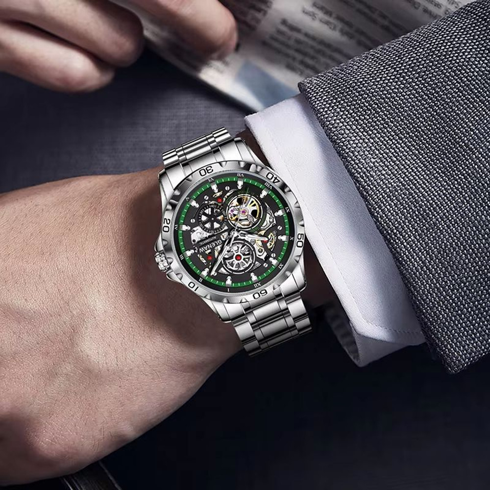 GLENAW Steampunk Skeleton Automatic Mens Watch Luxury Mechanical Watch With Luminous Waterproof De 2