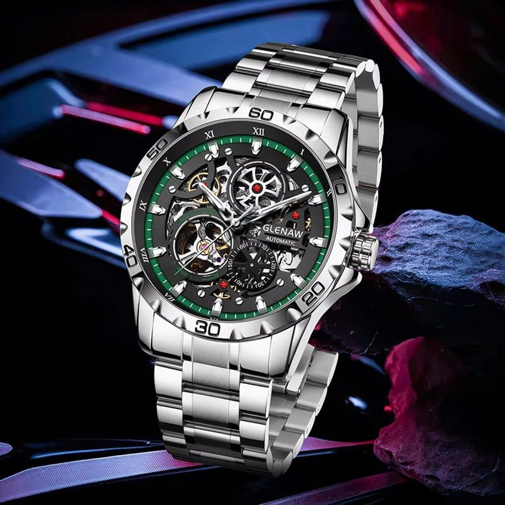 GLENAW Steampunk Skeleton Automatic Mens Watch Luxury Mechanical Watch With Luminous Waterproof De 3