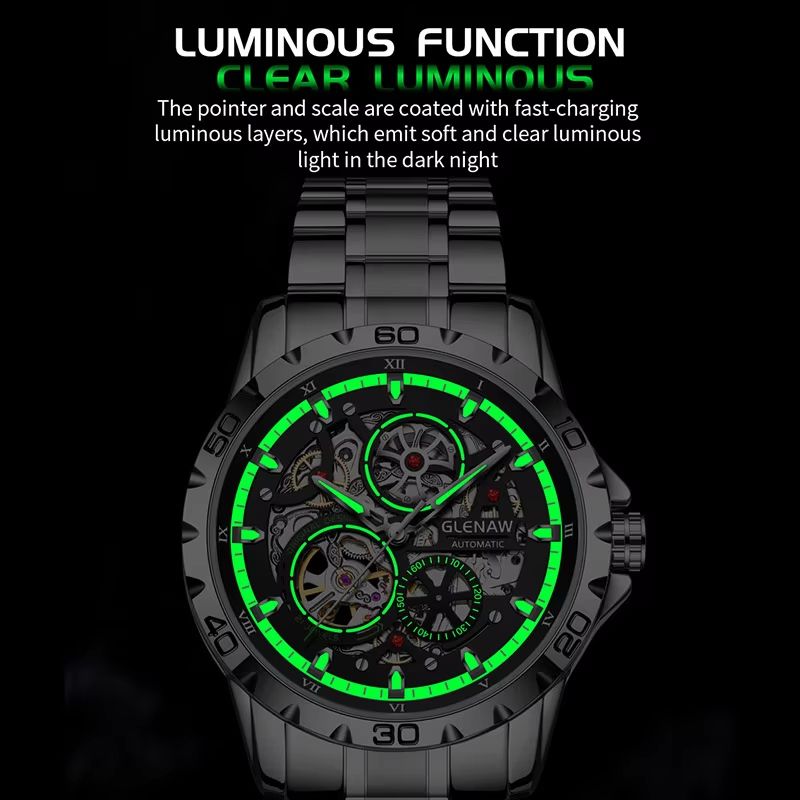 GLENAW Steampunk Skeleton Automatic Mens Watch Luxury Mechanical Watch With Luminous Waterproof De 4