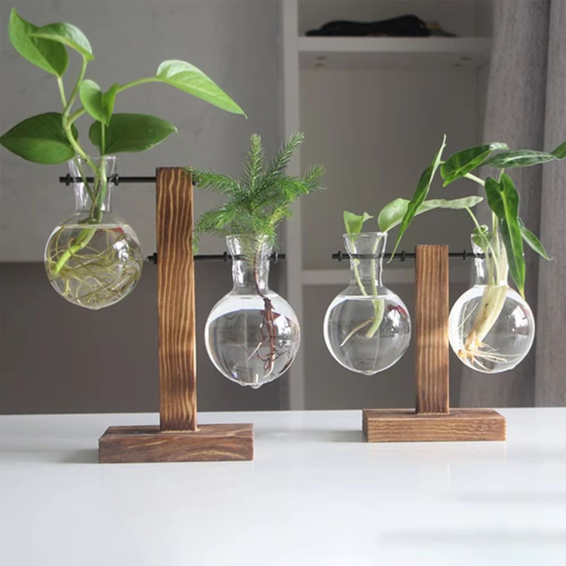 Creative Glass Bulb Vase With Wooden Stand Hydroponic Plant Container For Home Tabletop Decor 0