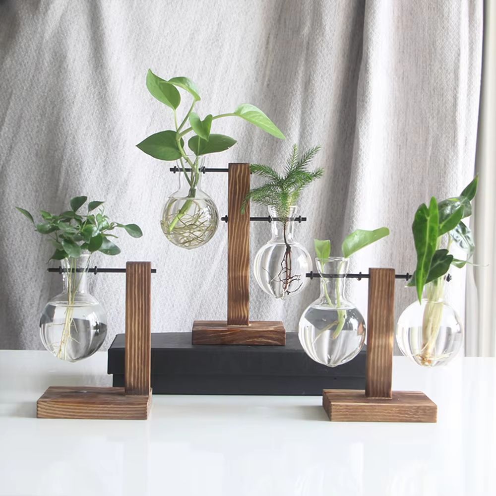 Creative Glass Bulb Vase With Wooden Stand Hydroponic Plant Container For Home Tabletop Decor 3