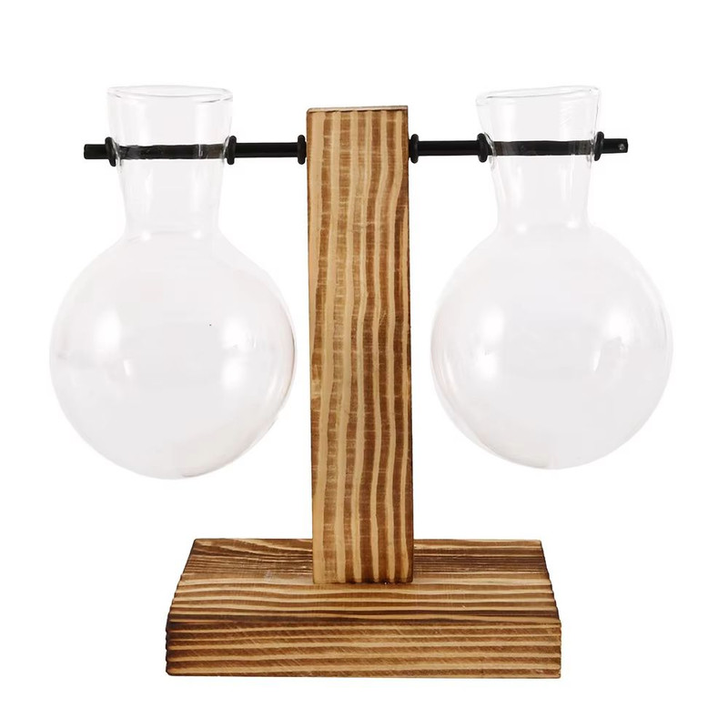 Creative Glass Bulb Vase With Wooden Stand Hydroponic Plant Container For Home Tabletop Decor 6