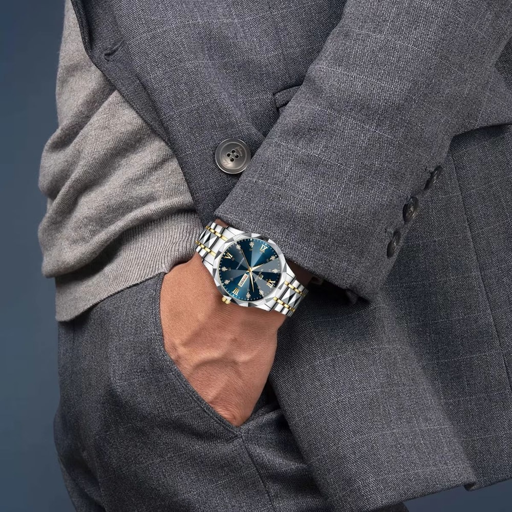 Mens Luxury Stainless Steel Watch Blue Gold Quartz With Night Glow Double Calendar 3