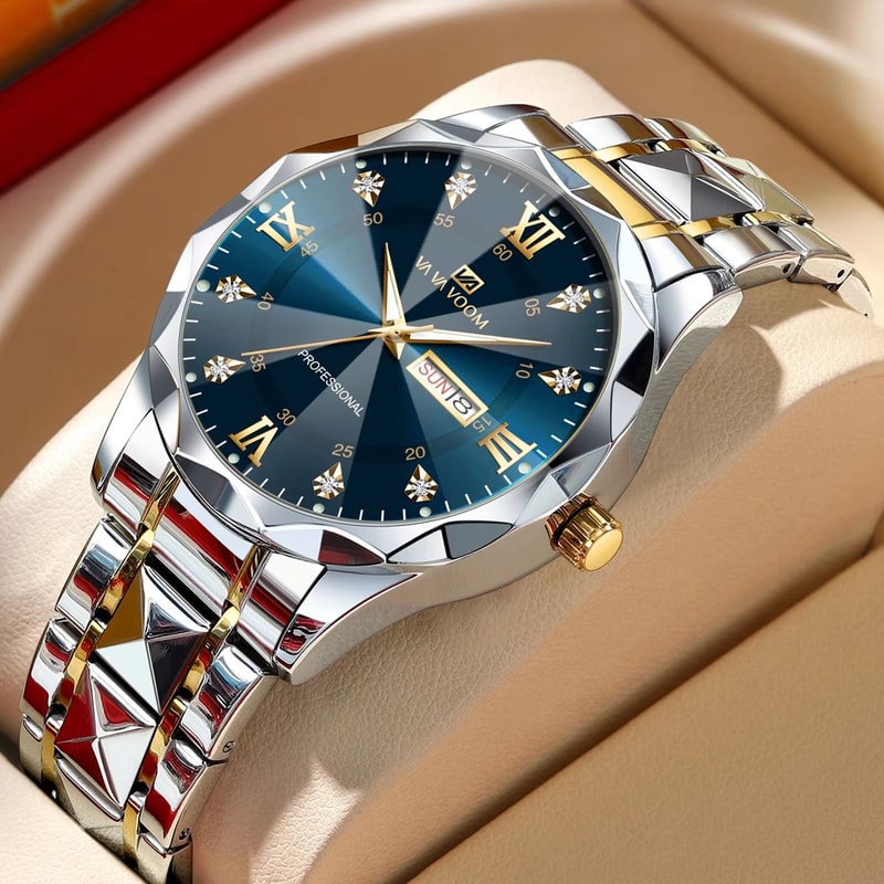 Mens Luxury Stainless Steel Watch Blue Gold Quartz With Night Glow Double Calendar 6