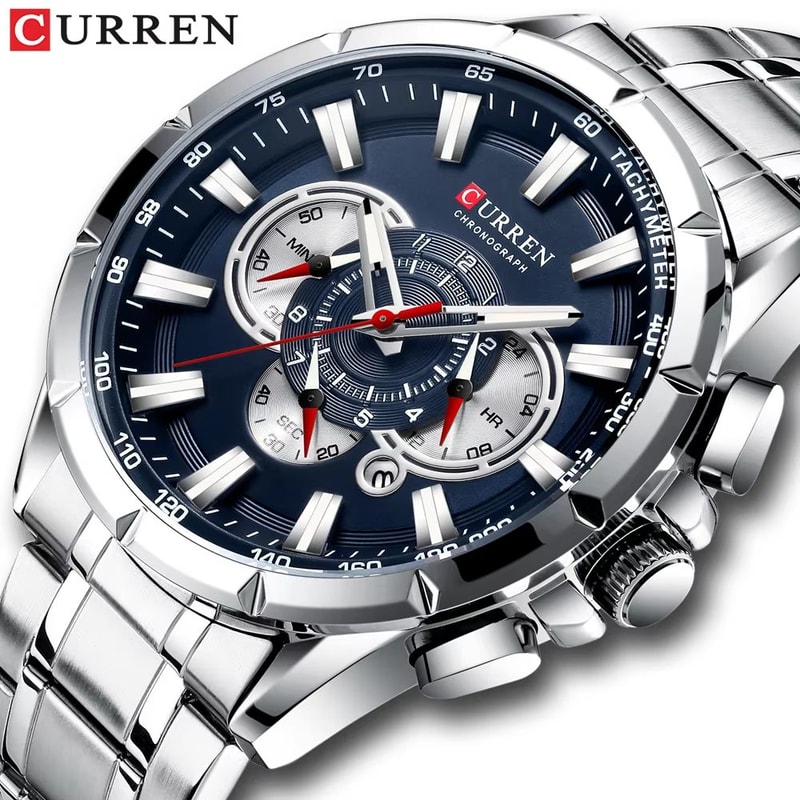 CURREN Mens Chronograph Watch Stainless Steel Sport Wristwatch With Big Dial Luminous Hands 0