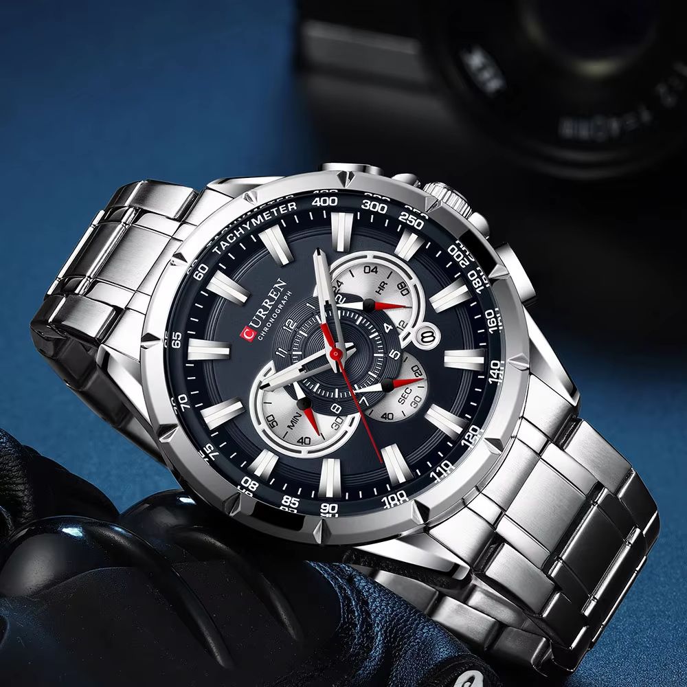 CURREN Mens Chronograph Watch Stainless Steel Sport Wristwatch With Big Dial Luminous Hands 1
