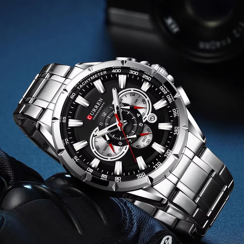 CURREN Mens Chronograph Watch Stainless Steel Sport Wristwatch With Big Dial Luminous Hands 2