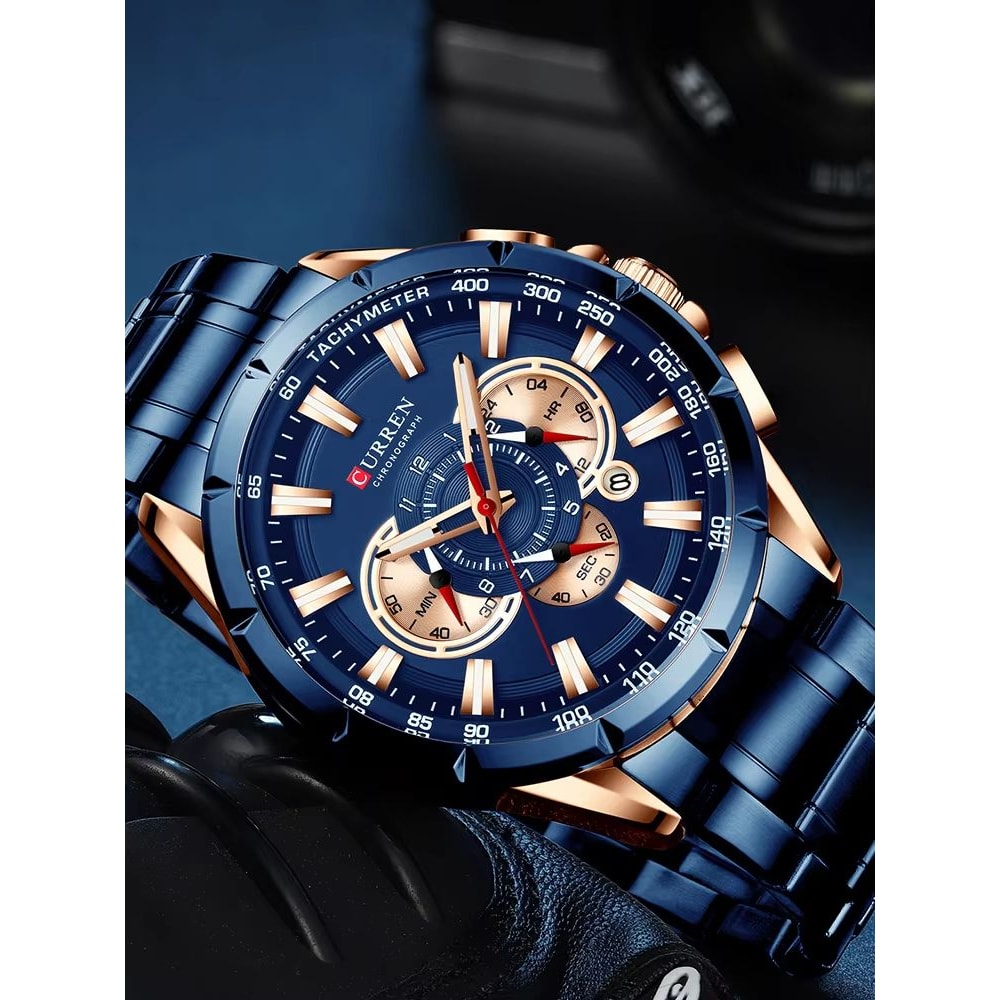 CURREN Mens Chronograph Watch Stainless Steel Sport Wristwatch With Big Dial Luminous Hands 5