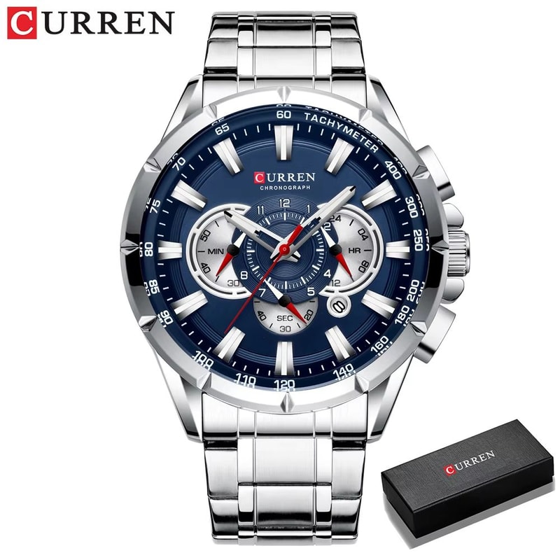 CURREN Mens Chronograph Watch Stainless Steel Sport Wristwatch With Big Dial Luminous Hands 7