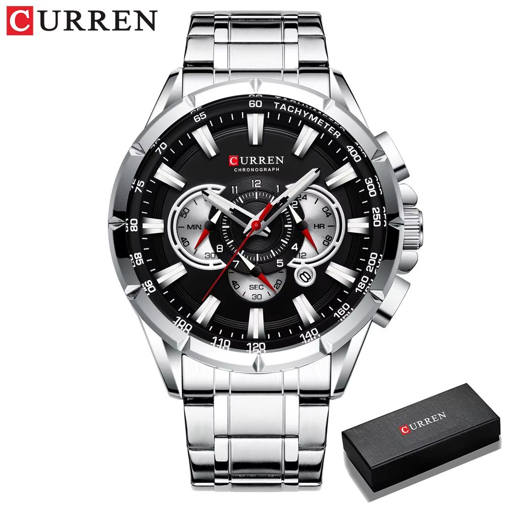 CURREN Mens Chronograph Watch Stainless Steel Sport Wristwatch With Big Dial Luminous Hands 8