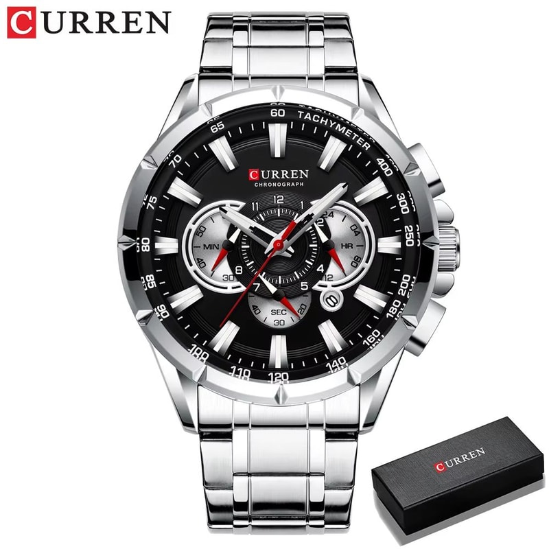CURREN Mens Chronograph Watch Stainless Steel Sport Wristwatch With Big Dial Luminous Hands 8