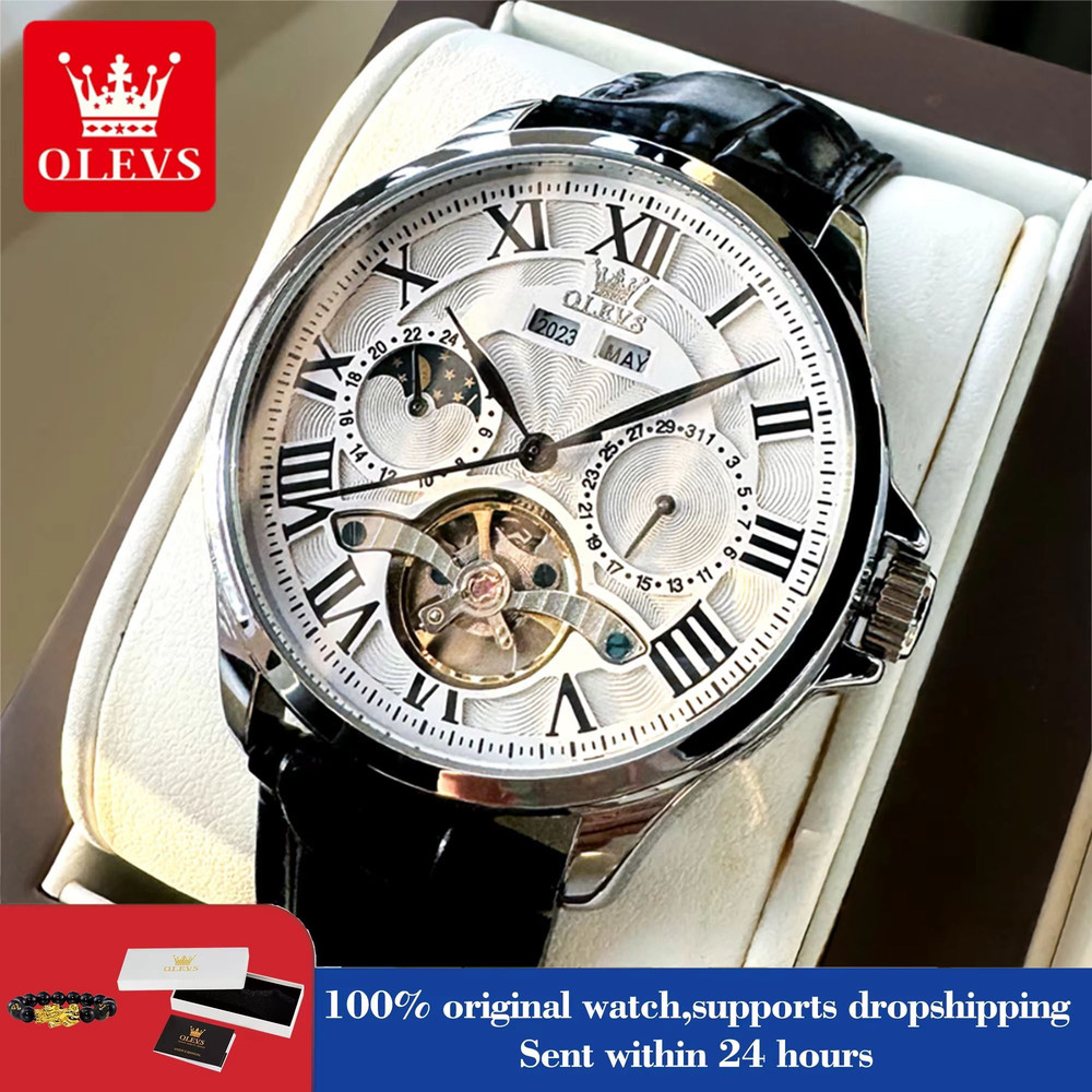 OLEVS 7013 Luxury Automatic Mechanical Watch For Men Moon Phase Skeleton Flywheel Waterproof 0