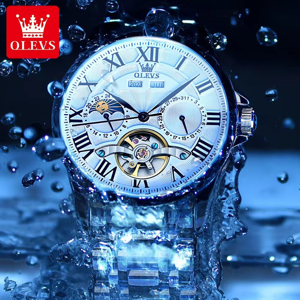 OLEVS 7013 Luxury Automatic Mechanical Watch For Men Moon Phase Skeleton Flywheel Waterproof 4