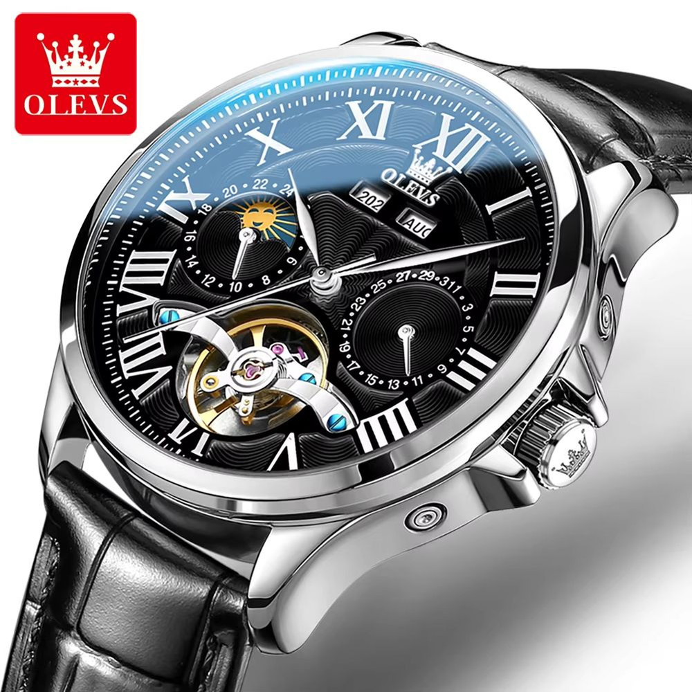 OLEVS 7013 Luxury Automatic Mechanical Watch For Men Moon Phase Skeleton Flywheel Waterproof 7