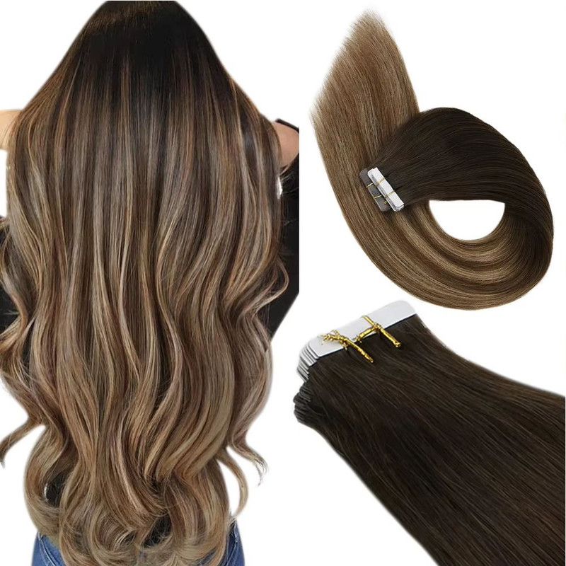 Ugeat TapeIn Hair Extensions  100 Real Brazilian Remy Human Hair Seamless Skin Weft For Natural Str 10