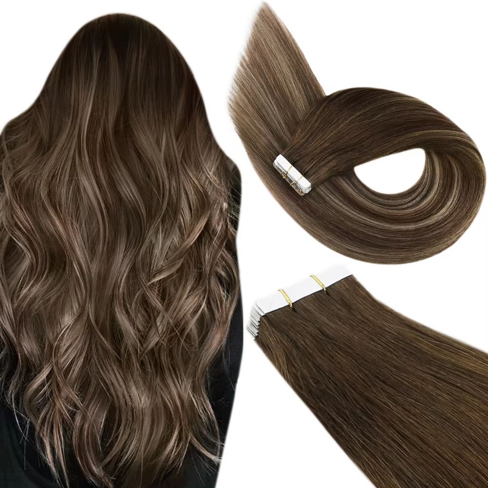 Ugeat TapeIn Hair Extensions  100 Real Brazilian Remy Human Hair Seamless Skin Weft For Natural Str 12