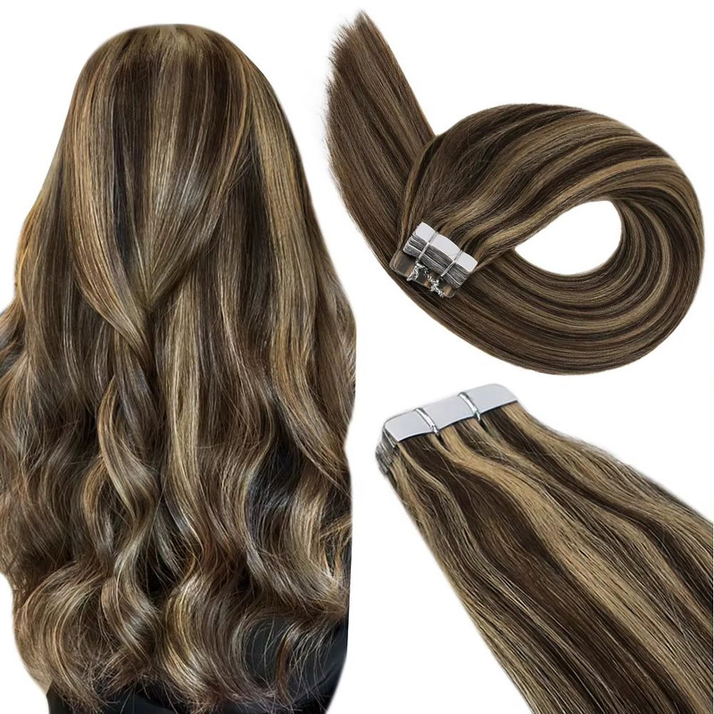 Ugeat TapeIn Hair Extensions  100 Real Brazilian Remy Human Hair Seamless Skin Weft For Natural Str 16