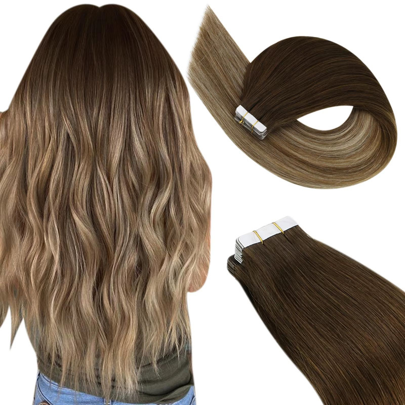Ugeat TapeIn Hair Extensions  100 Real Brazilian Remy Human Hair Seamless Skin Weft For Natural Str 8