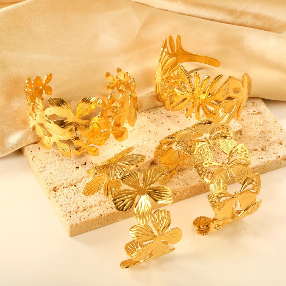 LUXUSTEEL Flower Cuff Bracelet Womens 18K Gold Plated Stainless Steel Bangle NoFade Elegant Jewelr 5