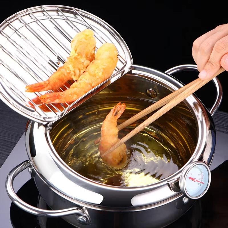 Japanese Stainless Steel Deep Frying Pot With Thermometer  Lid  Tempura Fryer Pan 2024 Cm 0