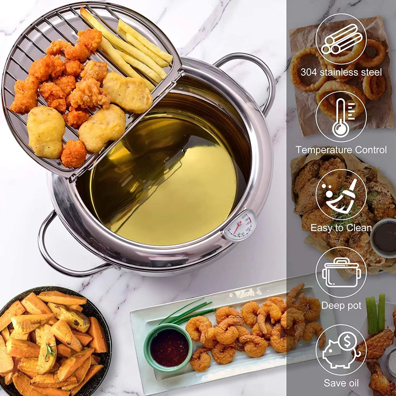 Japanese Stainless Steel Deep Frying Pot With Thermometer  Lid  Tempura Fryer Pan 2024 Cm 1