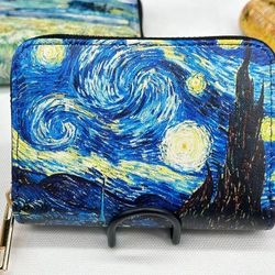 van gogh art card holder wallet – premium vegan leather, multi-function zipper wallet for men & women