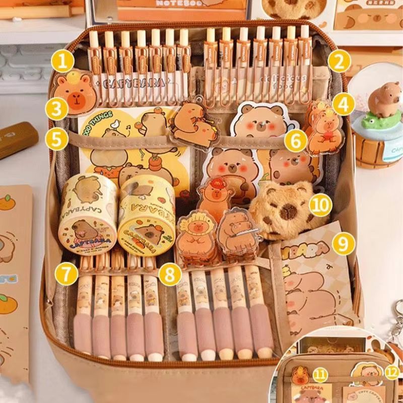 CapyCharm Capybara Stationery Set Cute Pencil Case With Pens Rulers Sticky Notes Accessories For 2