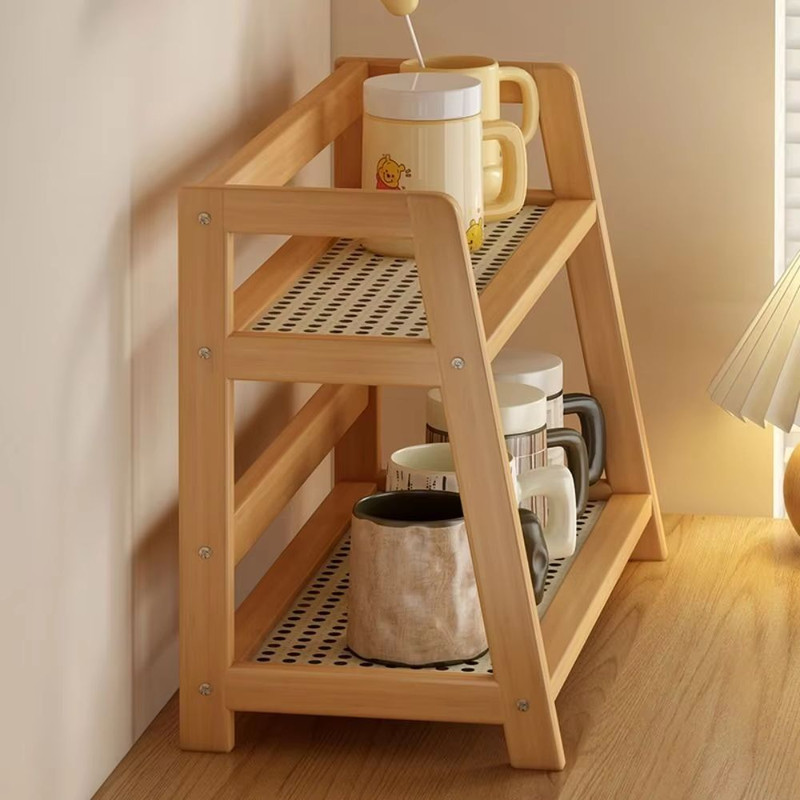 NaturalWood Rattan Desktop Organizer Wooden Storage Shelf Countertop Spice Rack 4