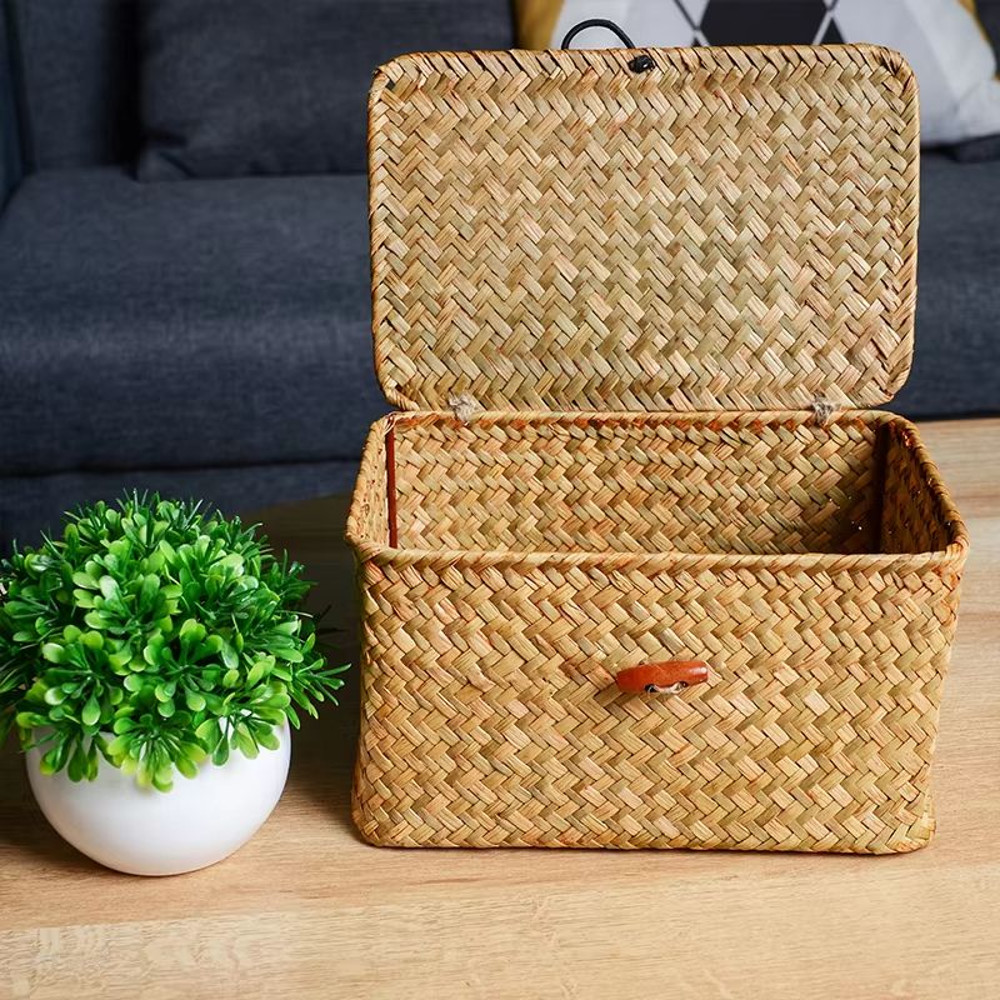 Handmade Seagrass Storage Basket With Lid Natural Rattan Woven Organizer For Home Makeup Accessor 2