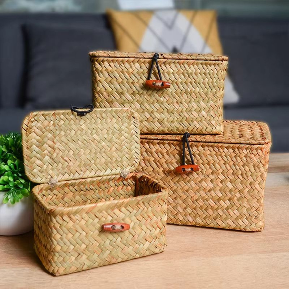 Handmade Seagrass Storage Basket With Lid Natural Rattan Woven Organizer For Home Makeup Accessor 4