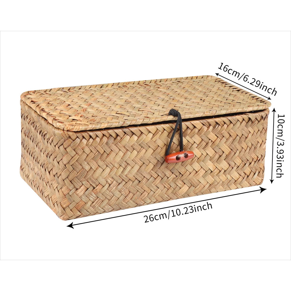 Handmade Seagrass Storage Basket With Lid Natural Rattan Woven Organizer For Home Makeup Accessor 7