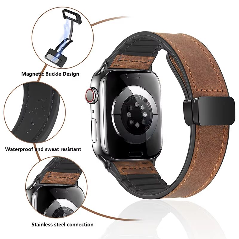 Luxury Leather Silicone Band For Apple Watch Ultra 10 9 8 SE Mens Hybrid Bracelet Strap For IWatch 5