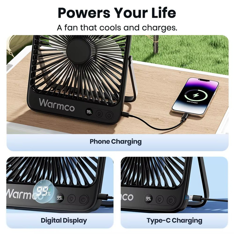 Warmco D4 Rechargeable Camping Fan With LED Light  20000mAh Battery 48H Runtime  Quiet 8 Cooling Po 3