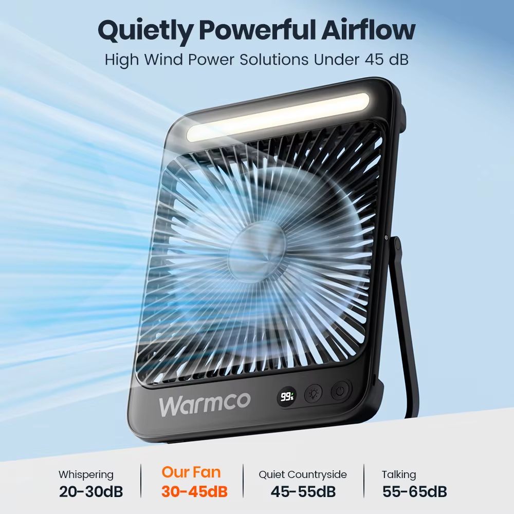 Warmco D4 Rechargeable Camping Fan With LED Light  20000mAh Battery 48H Runtime  Quiet 8 Cooling Po 4